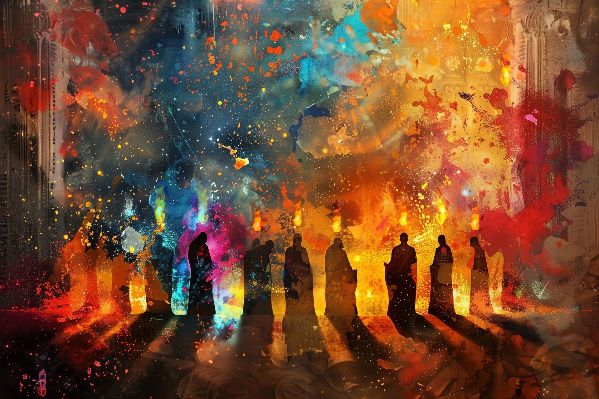 Painting of believers gathered under tongues of fire in the Upper Room